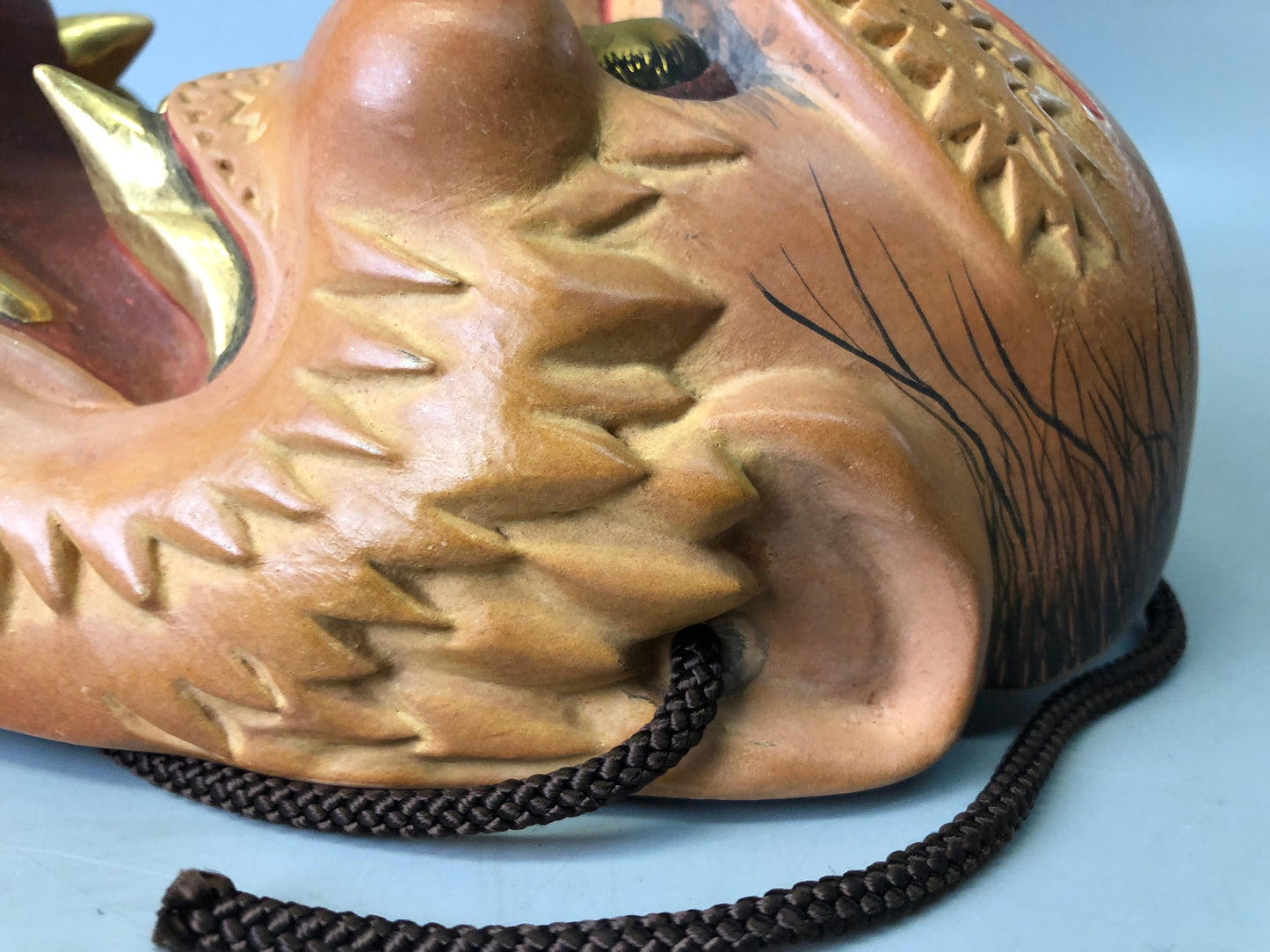 Y7373 NOH MASK wood carving Thunder bag signed Japan antique traditional omen