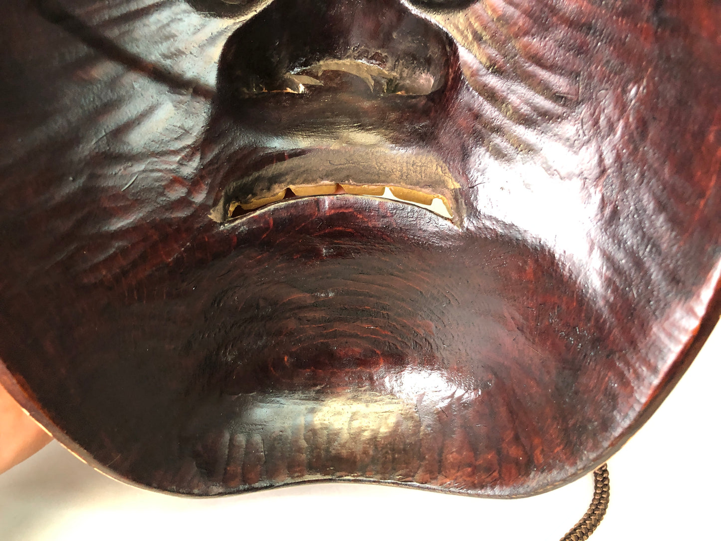 Y7373 NOH MASK wood carving Thunder bag signed Japan antique traditional omen