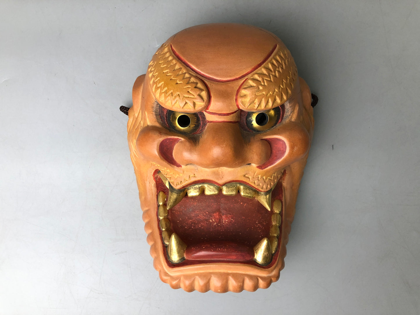 Y7373 NOH MASK wood carving Thunder bag signed Japan antique traditional omen
