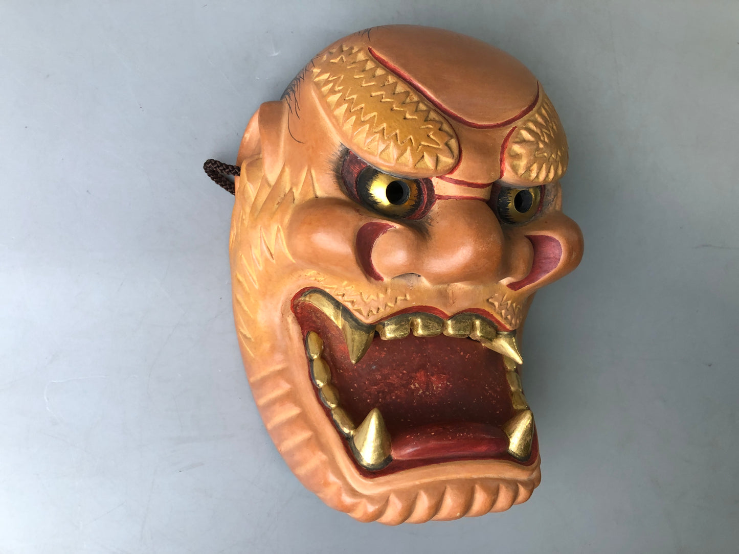 Y7373 NOH MASK wood carving Thunder bag signed Japan antique traditional omen