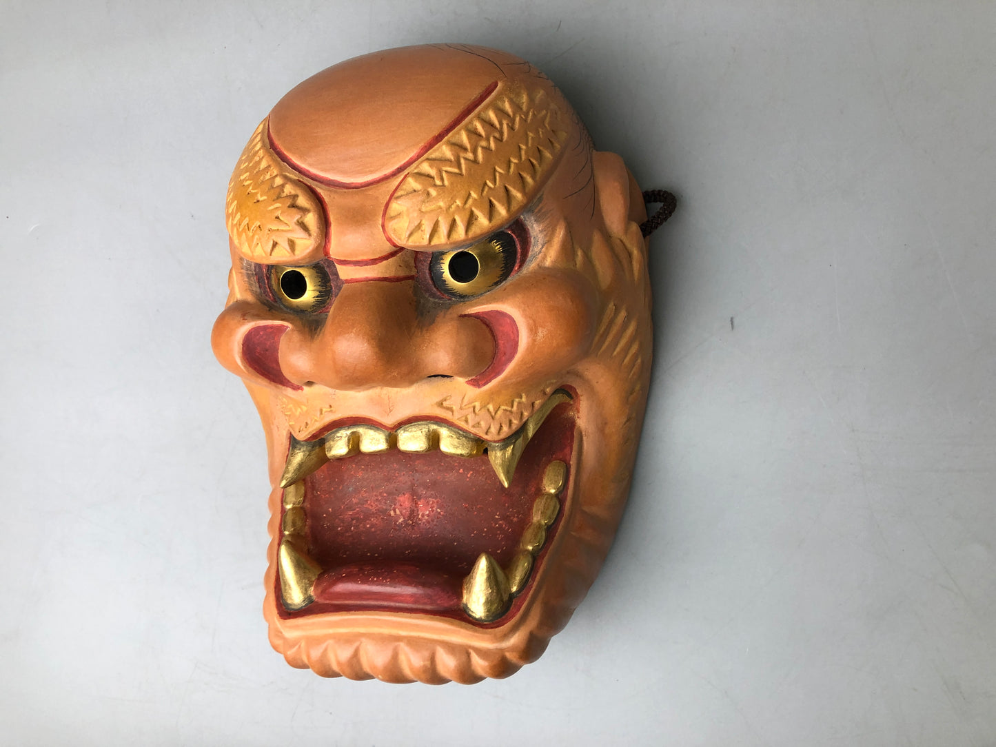 Y7373 NOH MASK wood carving Thunder bag signed Japan antique traditional omen