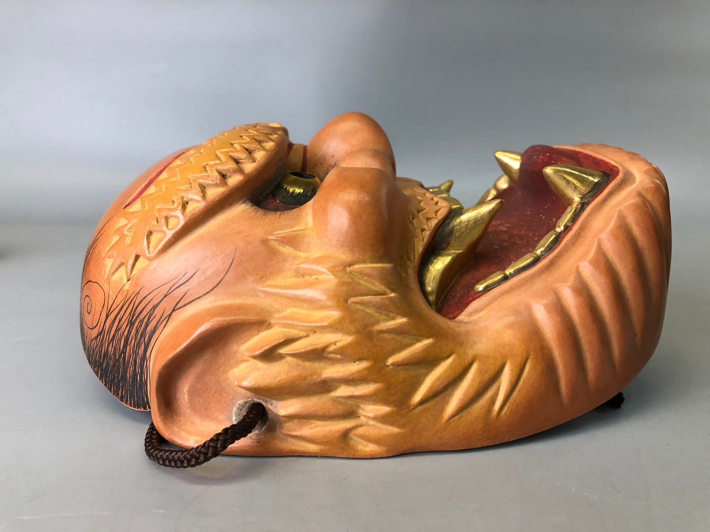 Y7373 NOH MASK wood carving Thunder bag signed Japan antique traditional omen