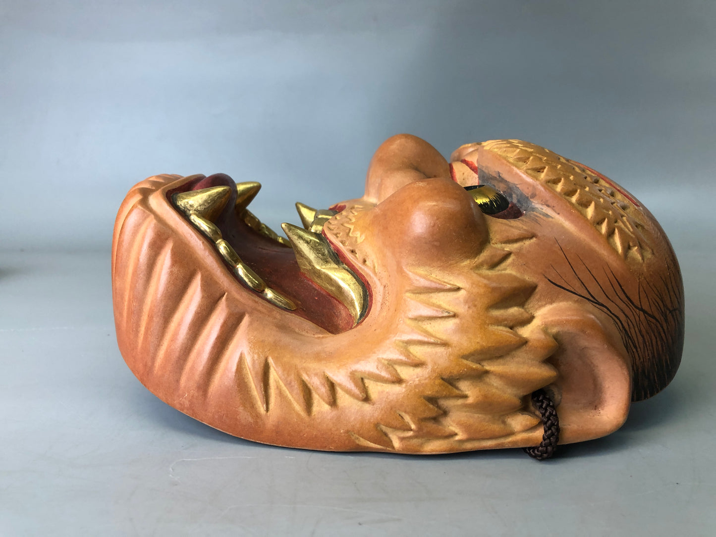 Y7373 NOH MASK wood carving Thunder bag signed Japan antique traditional omen