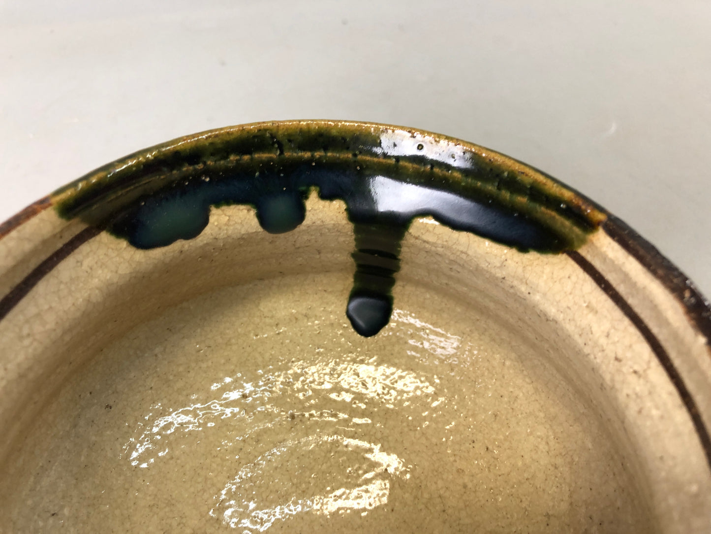 Y7375 CHAWAN Oribe-ware bowl signed box Japan antique tea ceremony pottery cup