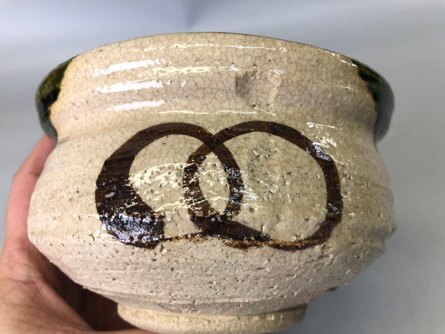 Y7375 CHAWAN Oribe-ware bowl signed box Japan antique tea ceremony pottery cup