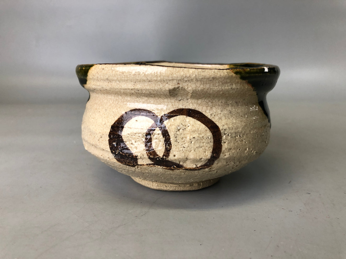 Y7375 CHAWAN Oribe-ware bowl signed box Japan antique tea ceremony pottery cup