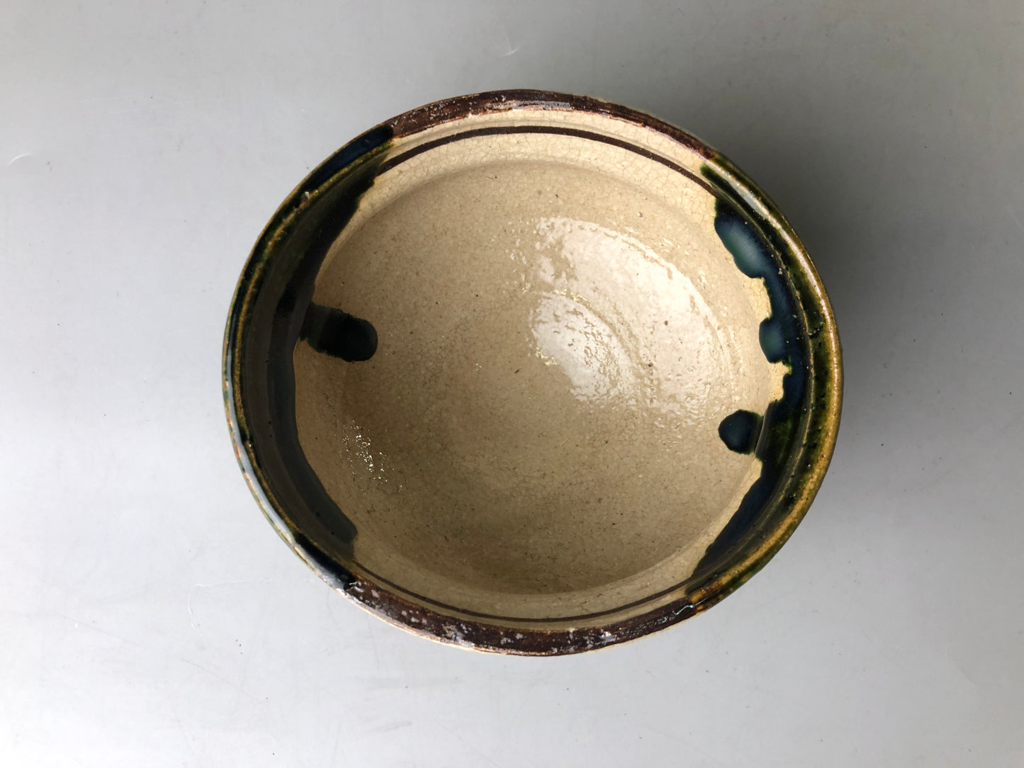 Y7375 CHAWAN Oribe-ware bowl signed box Japan antique tea ceremony pottery cup