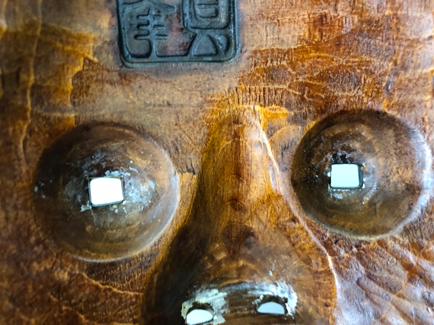 Y7378 NOH MASK wood carving Masukami signed bag Japan antique traditional omen