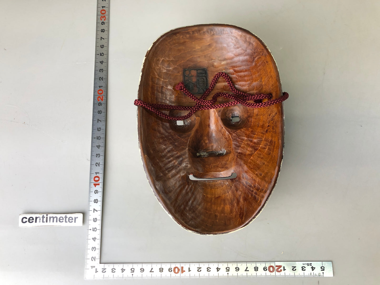 Y7378 NOH MASK wood carving Masukami signed bag Japan antique traditional omen