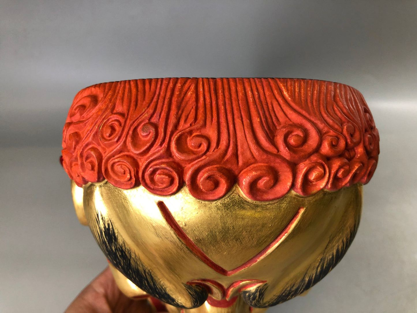 Y7383 NOH MASK wood carving Koshishi signed bag Japan antique traditional omen