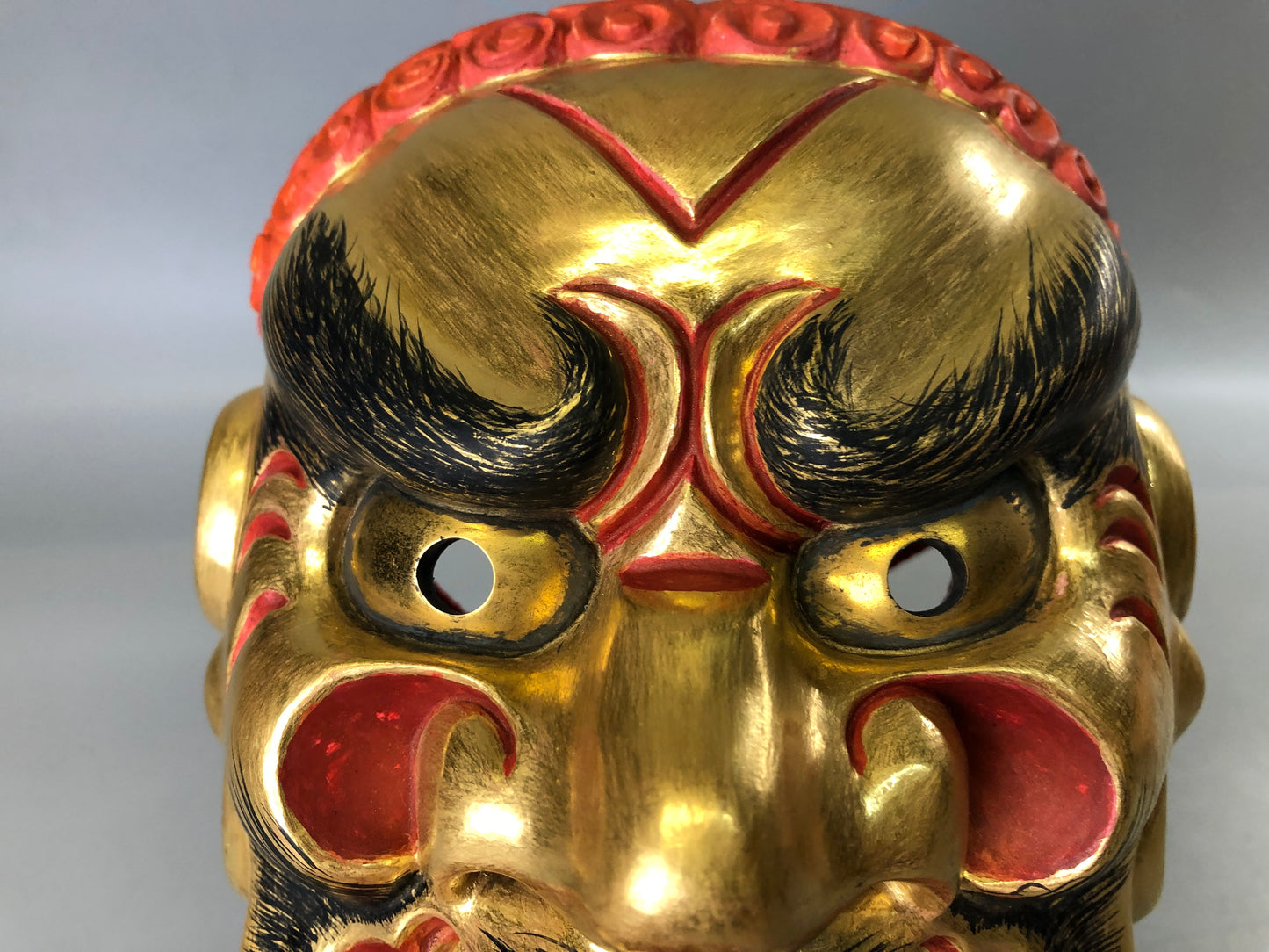 Y7383 NOH MASK wood carving Koshishi signed bag Japan antique traditional omen