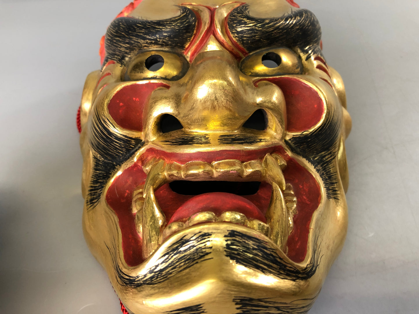 Y7383 NOH MASK wood carving Koshishi signed bag Japan antique traditional omen