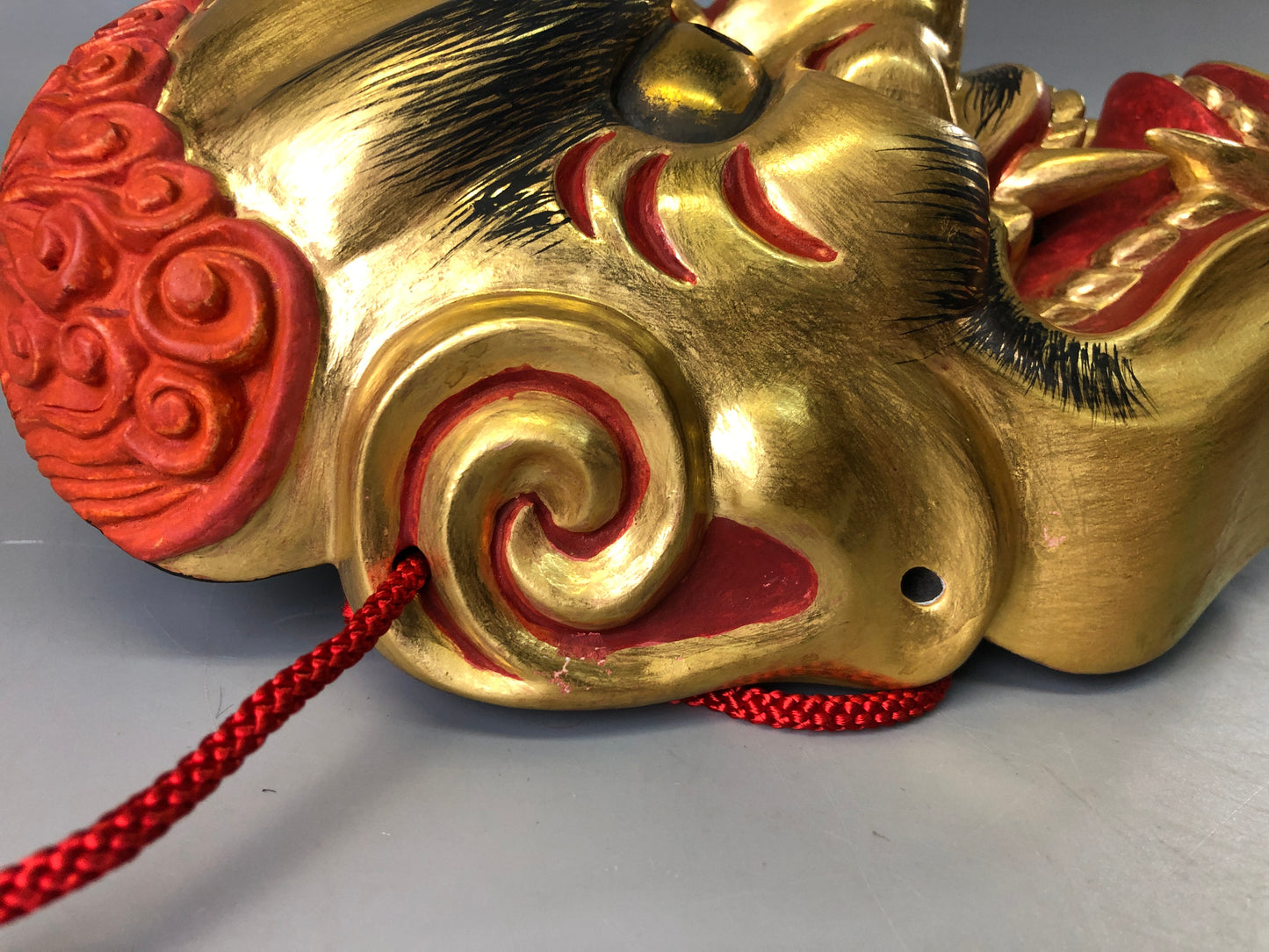 Y7383 NOH MASK wood carving Koshishi signed bag Japan antique traditional omen