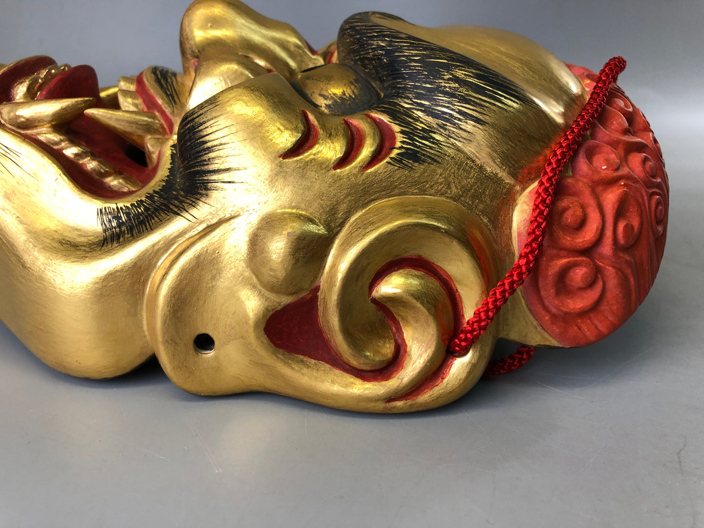 Y7383 NOH MASK wood carving Koshishi signed bag Japan antique traditional omen