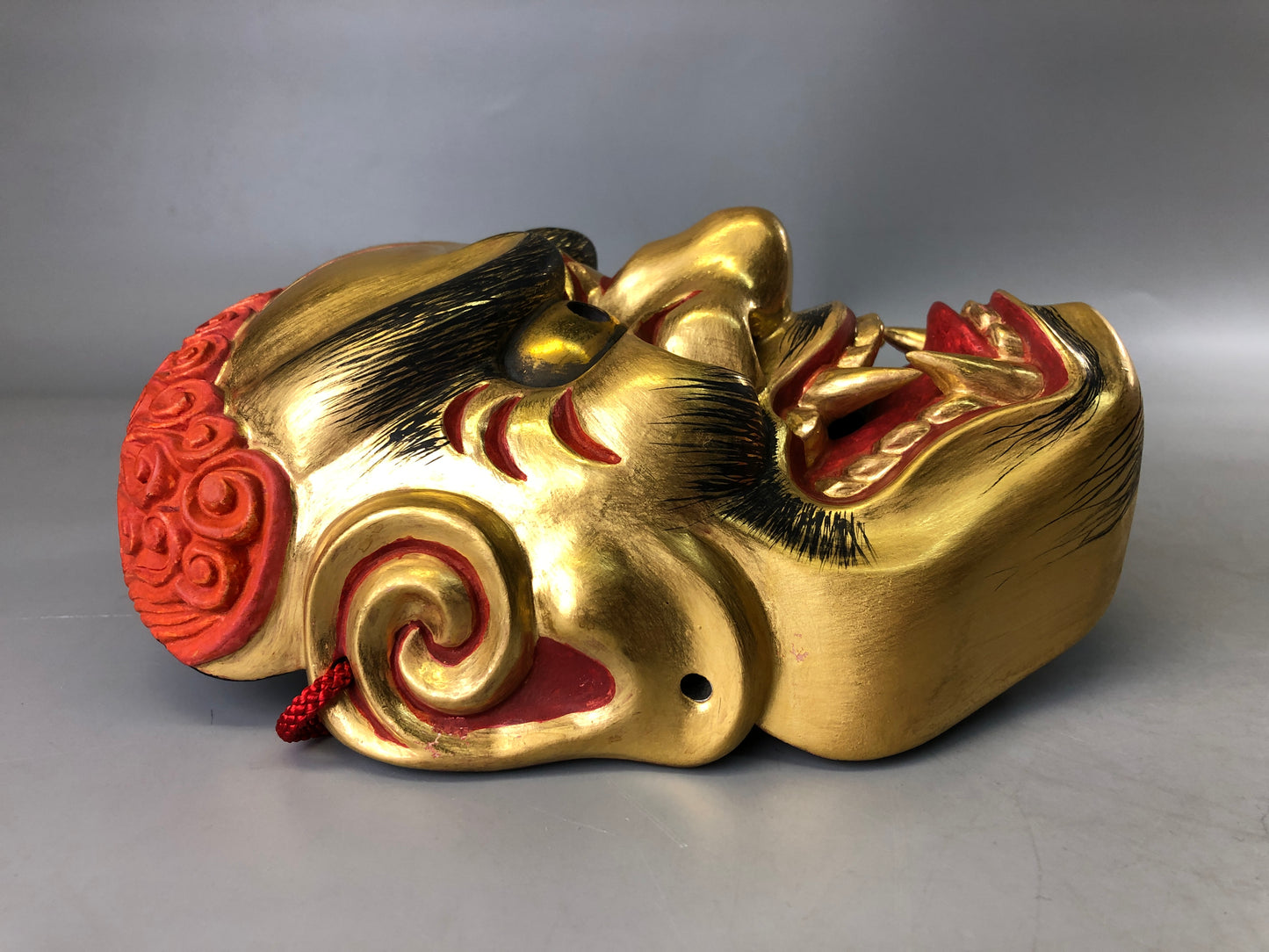 Y7383 NOH MASK wood carving Koshishi signed bag Japan antique traditional omen