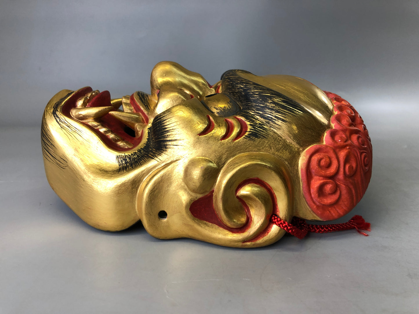 Y7383 NOH MASK wood carving Koshishi signed bag Japan antique traditional omen