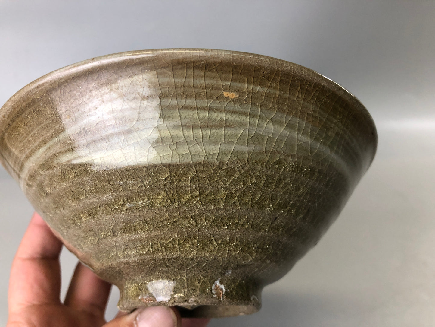 Y7385 CHAWAN Hakeme brushmark flat bowl signed Japan antique tea ceremony cup