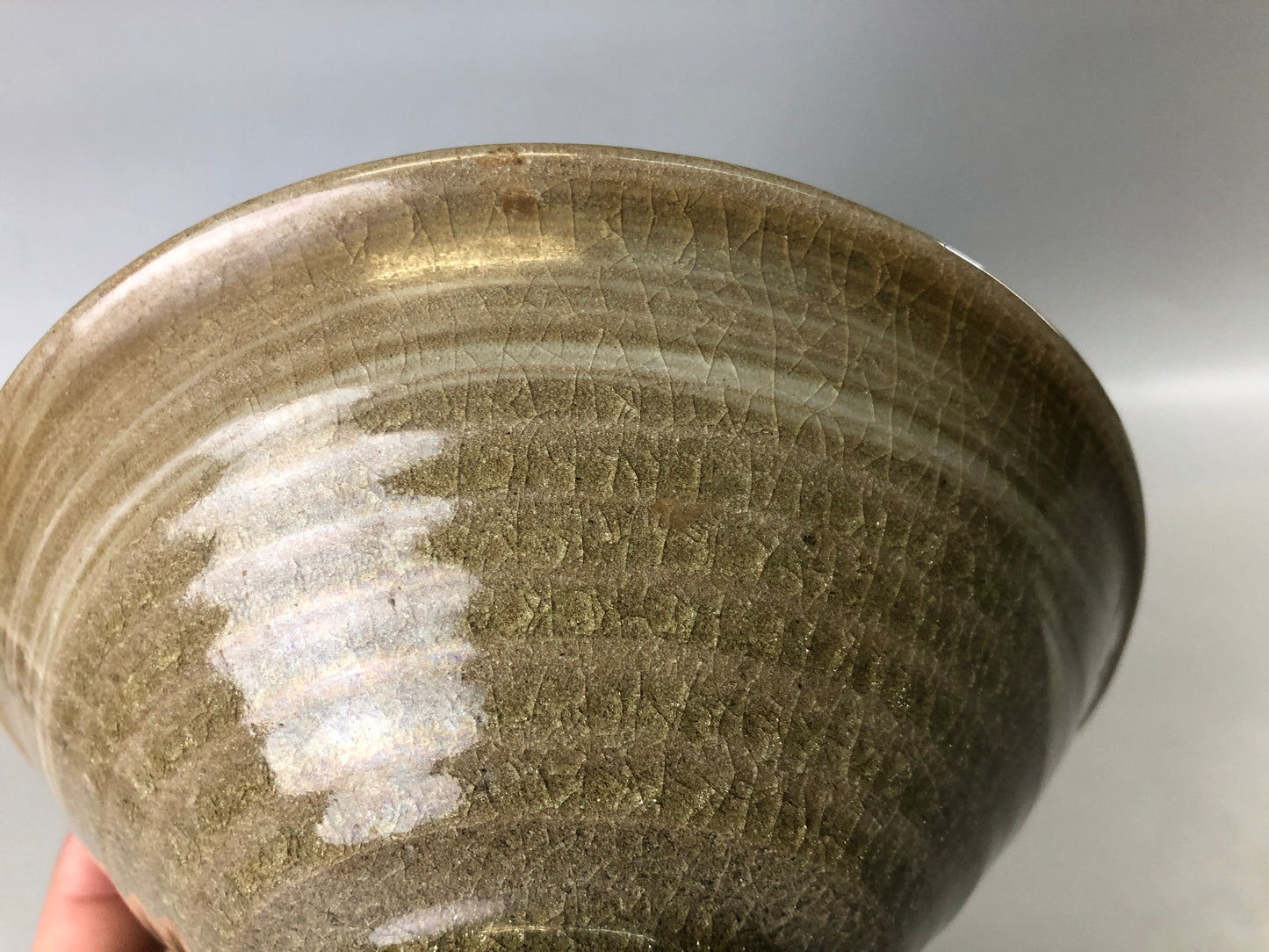 Y7385 CHAWAN Hakeme brushmark flat bowl signed Japan antique tea ceremony cup