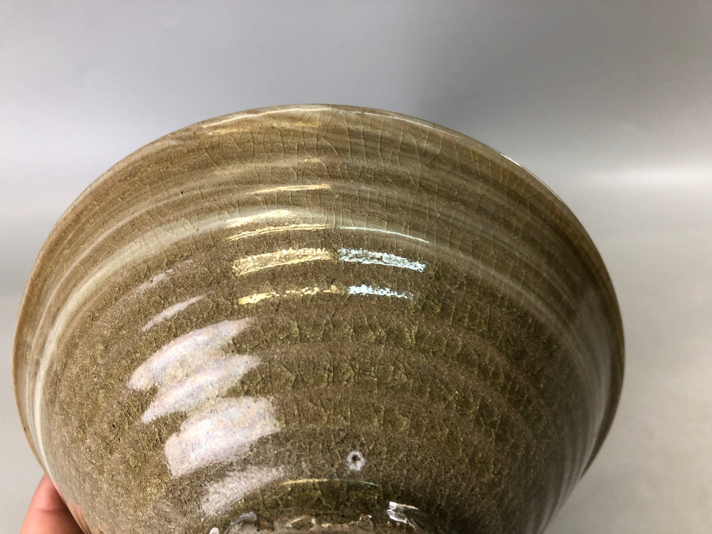 Y7385 CHAWAN Hakeme brushmark flat bowl signed Japan antique tea ceremony cup