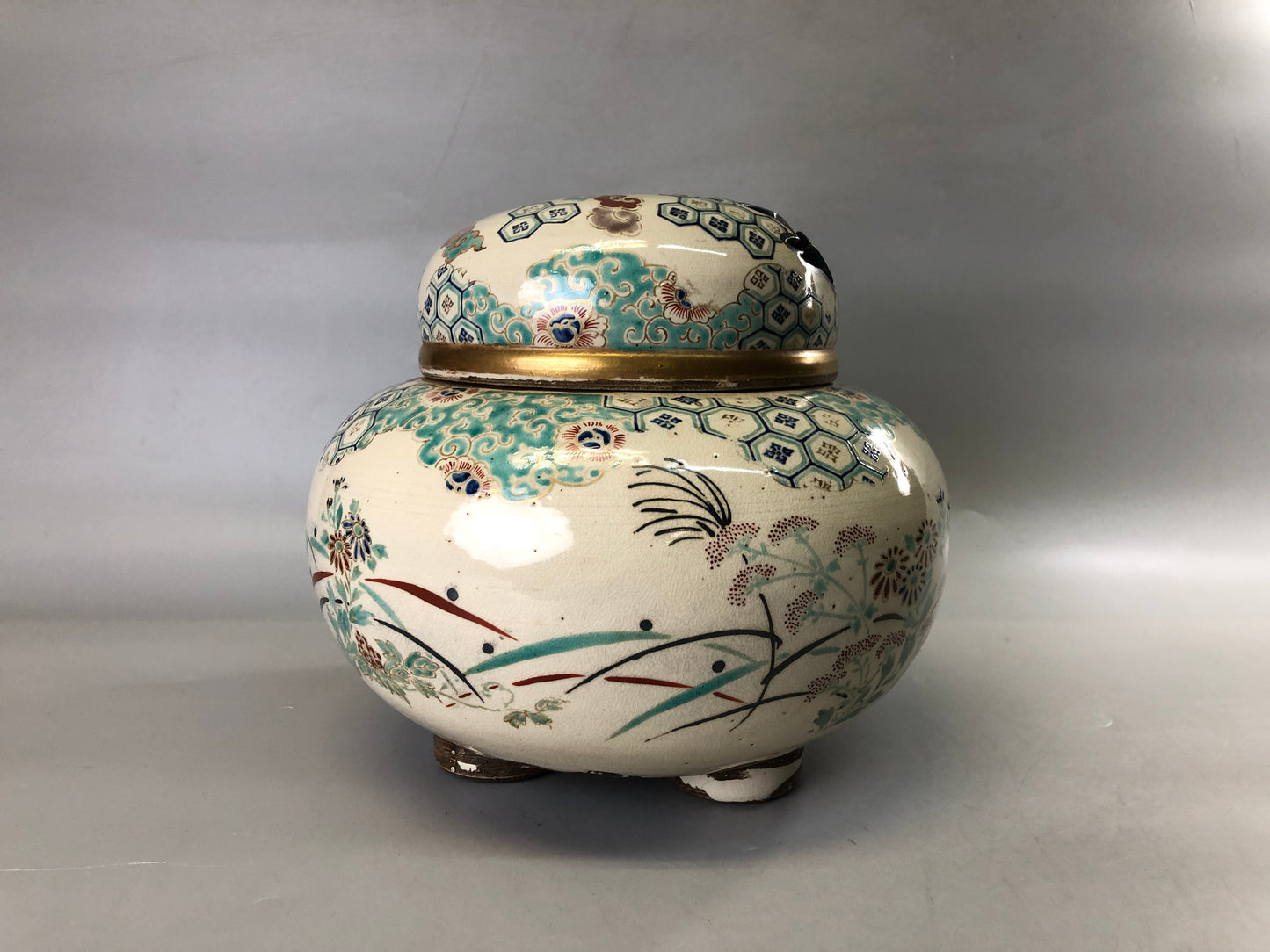 Y7387 KOURO Ninsei kintsugi signed box Japan antique fragrance incense burner