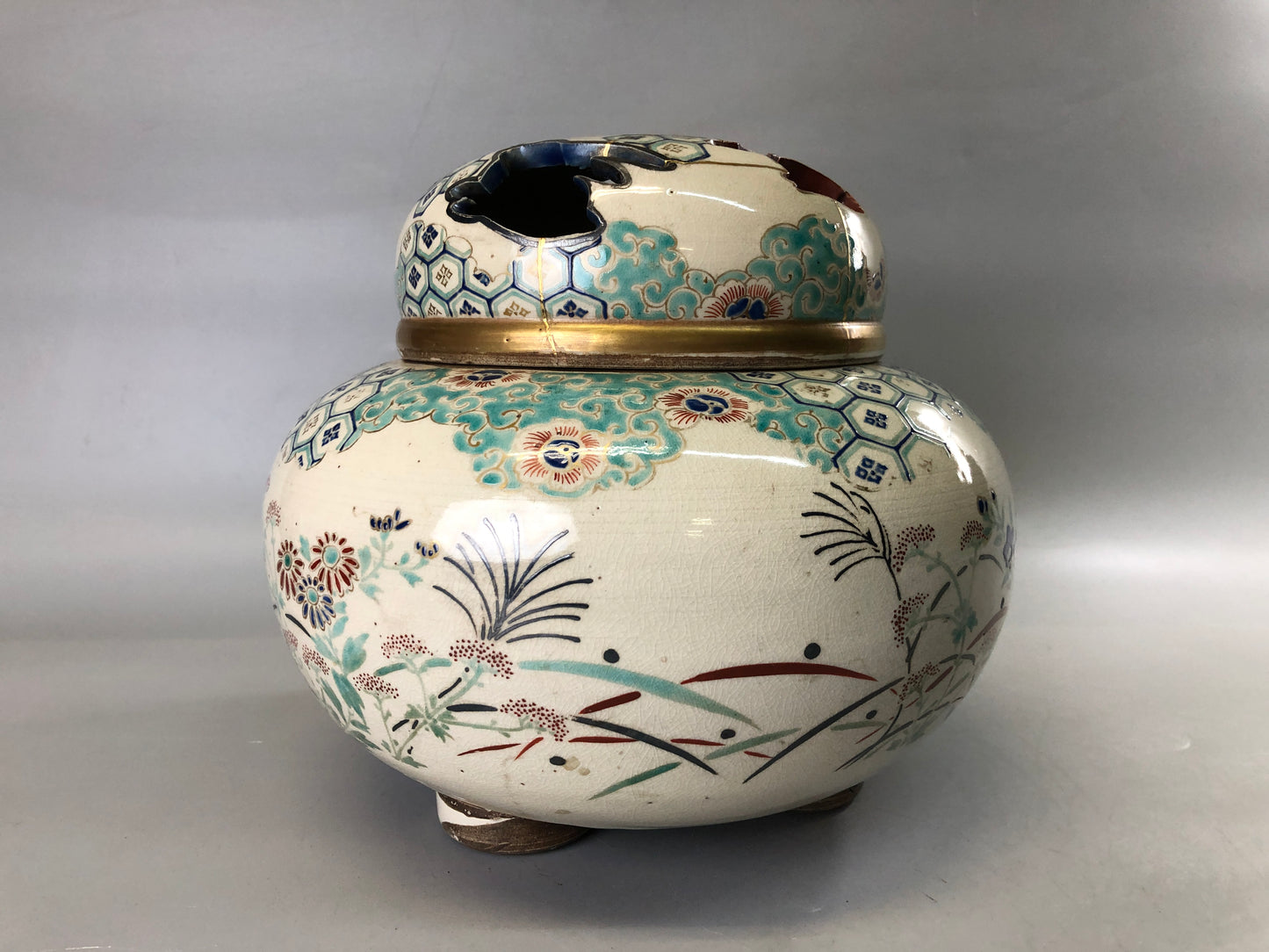 Y7387 KOURO Ninsei kintsugi signed box Japan antique fragrance incense burner