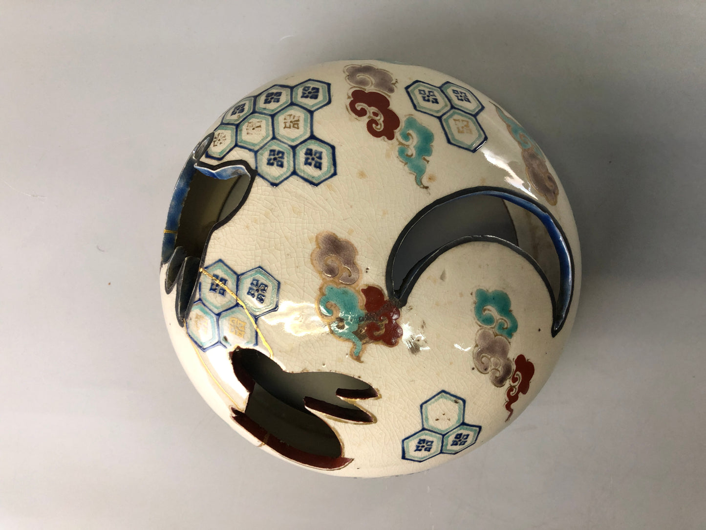 Y7387 KOURO Ninsei kintsugi signed box Japan antique fragrance incense burner