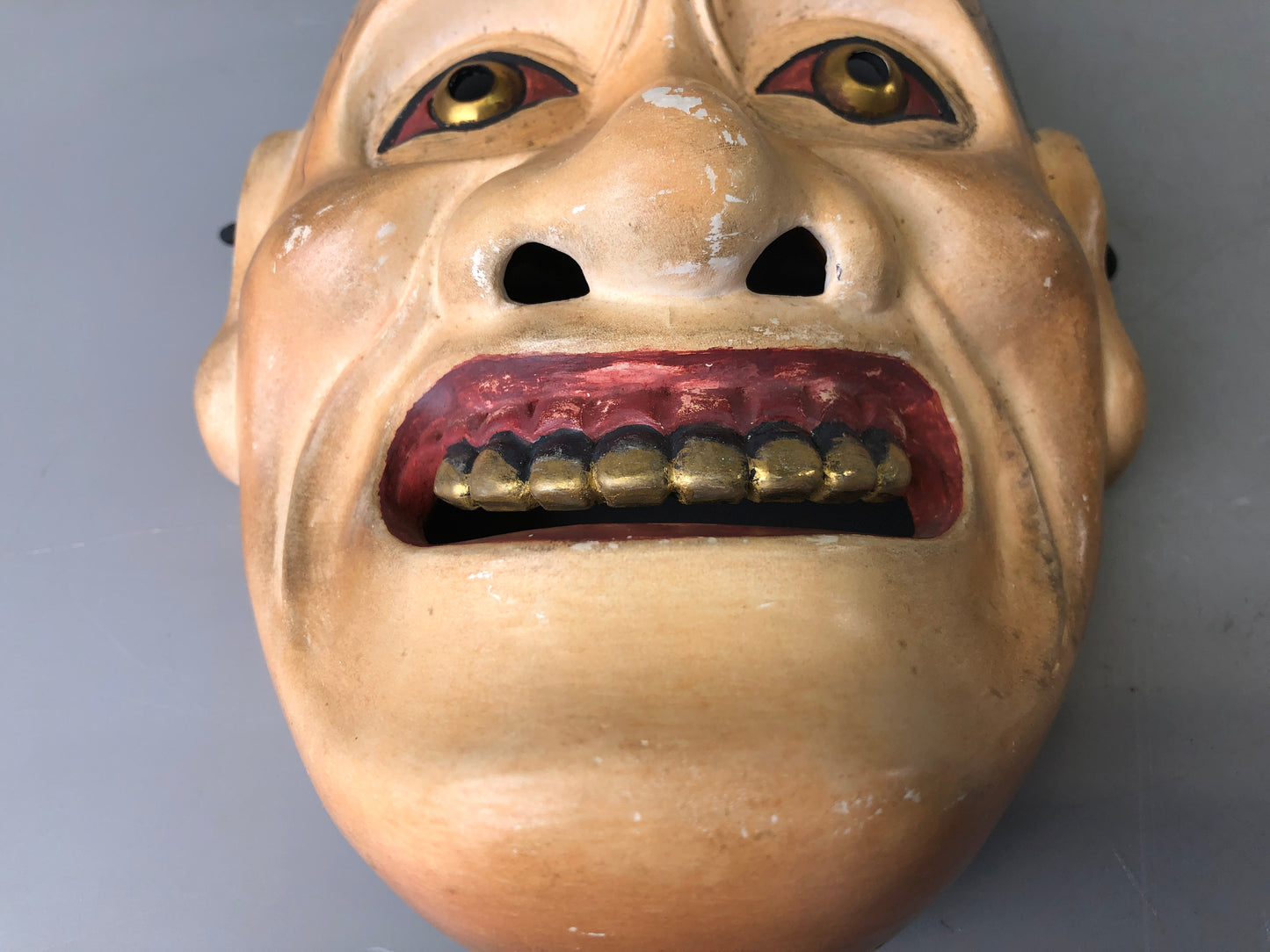 Y7393 NOH MASK wood carving signed bag Japan antique traditional men dance drama