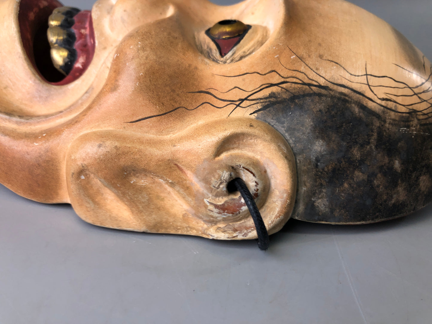 Y7393 NOH MASK wood carving signed bag Japan antique traditional men dance drama