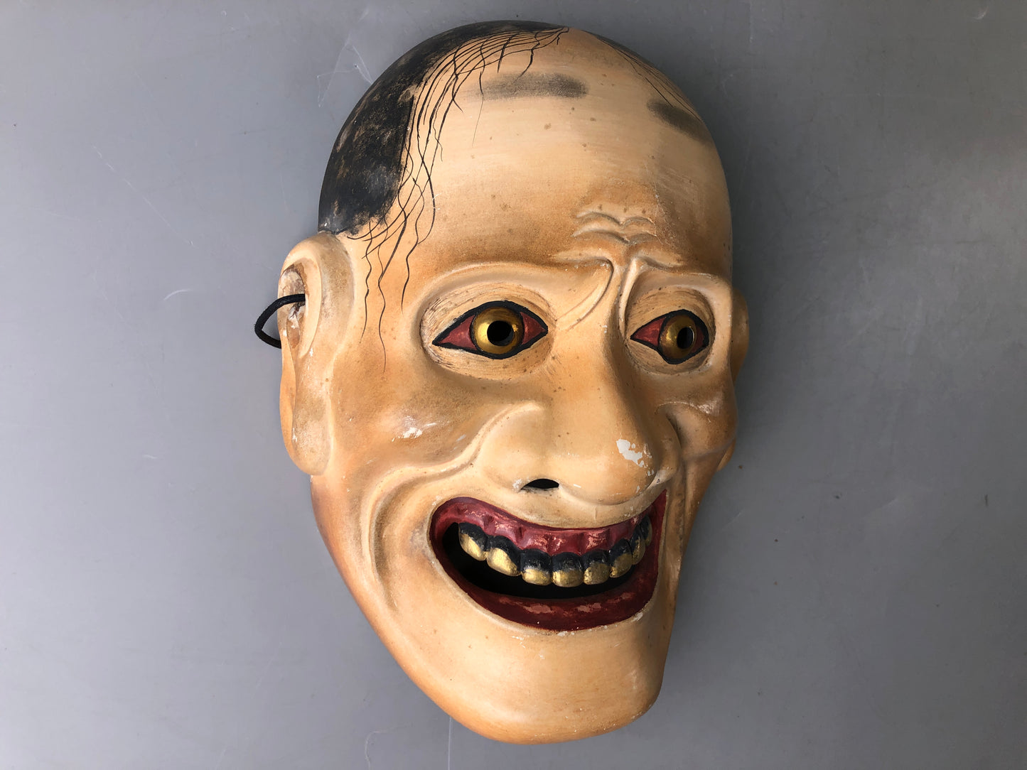 Y7393 NOH MASK wood carving signed bag Japan antique traditional men dance drama