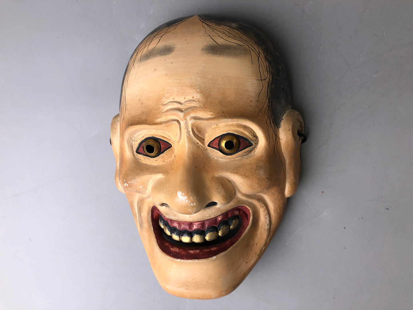 Y7393 NOH MASK wood carving signed bag Japan antique traditional men dance drama