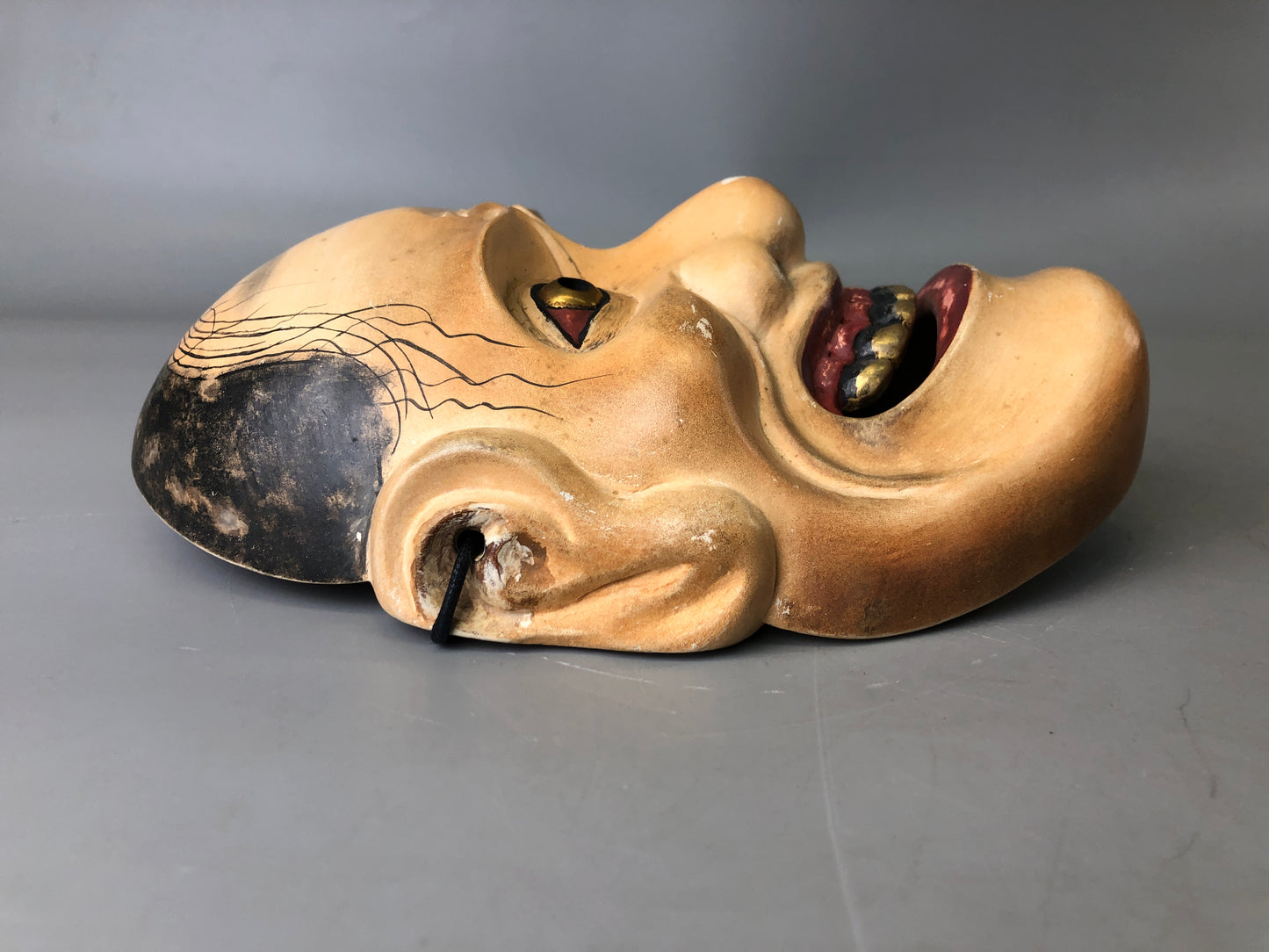 Y7393 NOH MASK wood carving signed bag Japan antique traditional men dance drama