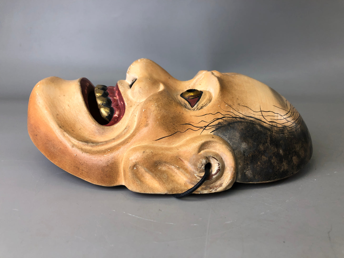 Y7393 NOH MASK wood carving signed bag Japan antique traditional men dance drama