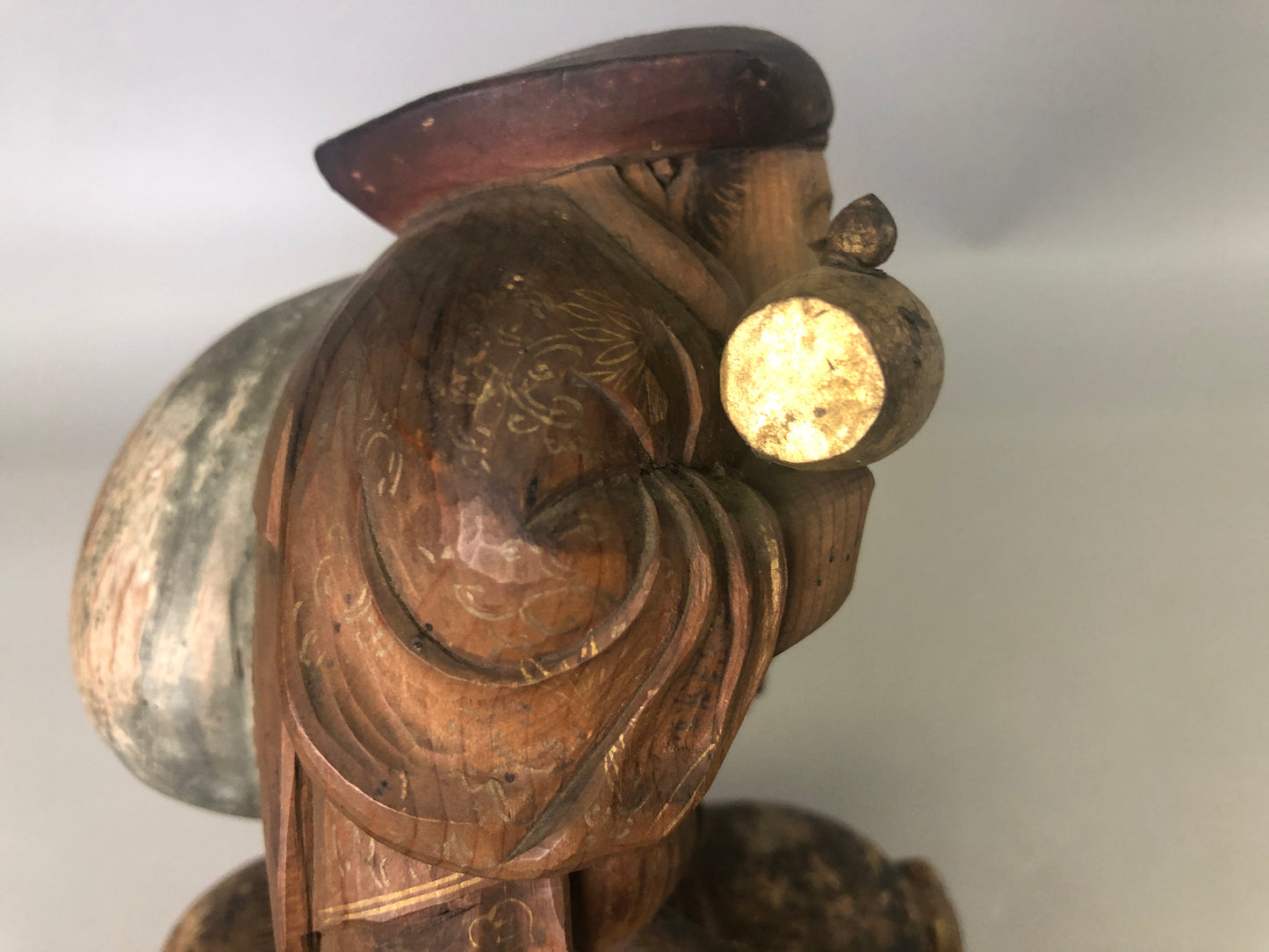 Y7414 STATUE wood carving Daikoku God of Wealth figurine Japan antique interior
