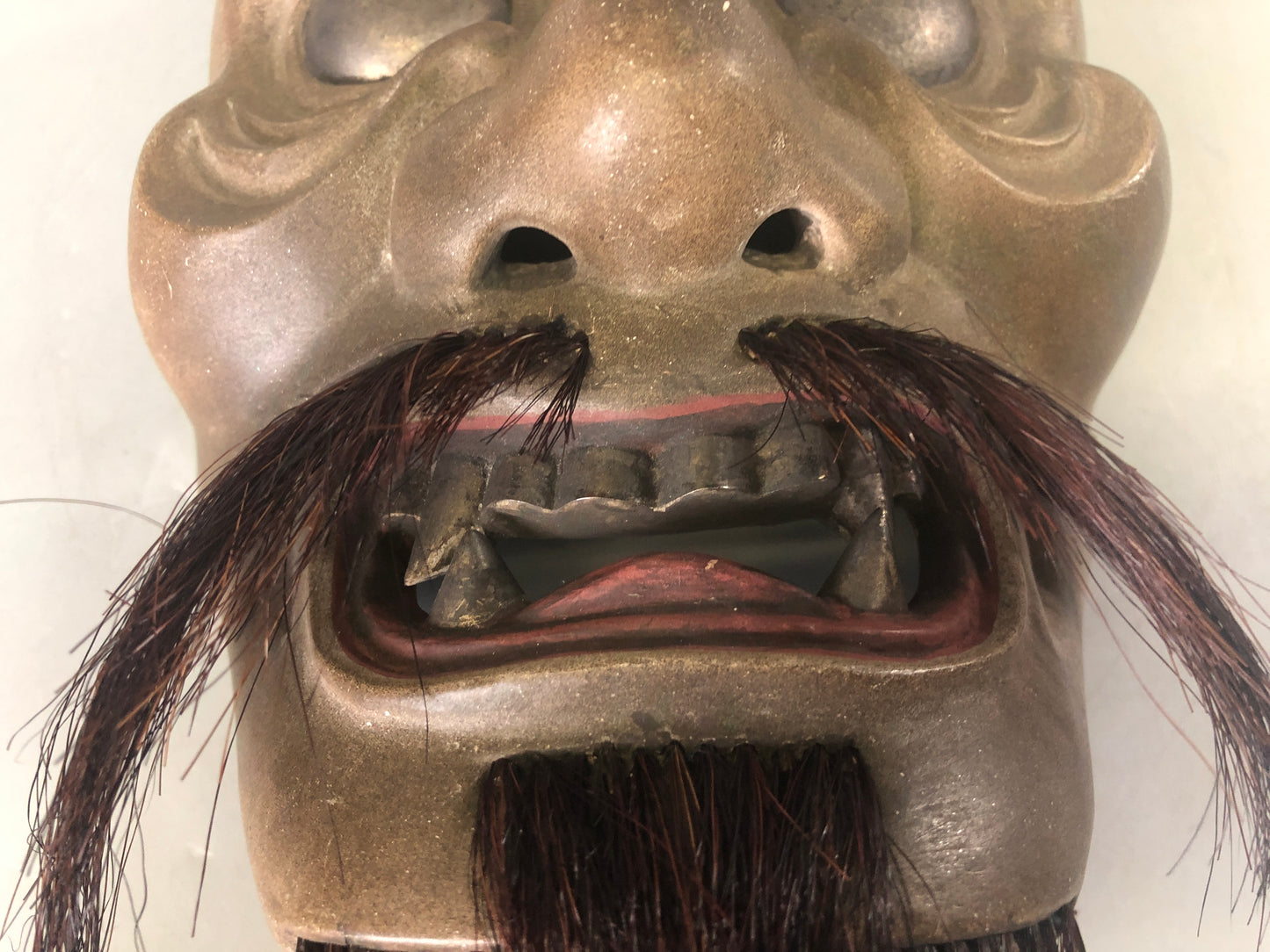 Y7415 NOH MASK wood carving signed bag Japan antique traditional dance drama men