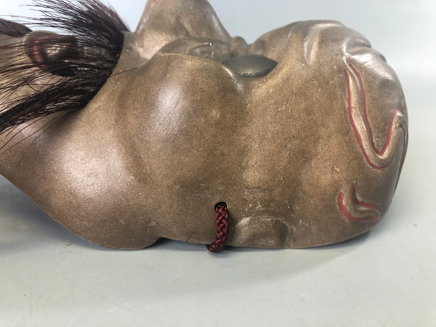Y7415 NOH MASK wood carving signed bag Japan antique traditional dance drama men
