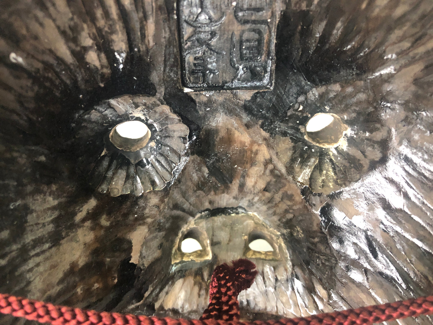 Y7415 NOH MASK wood carving signed bag Japan antique traditional dance drama men