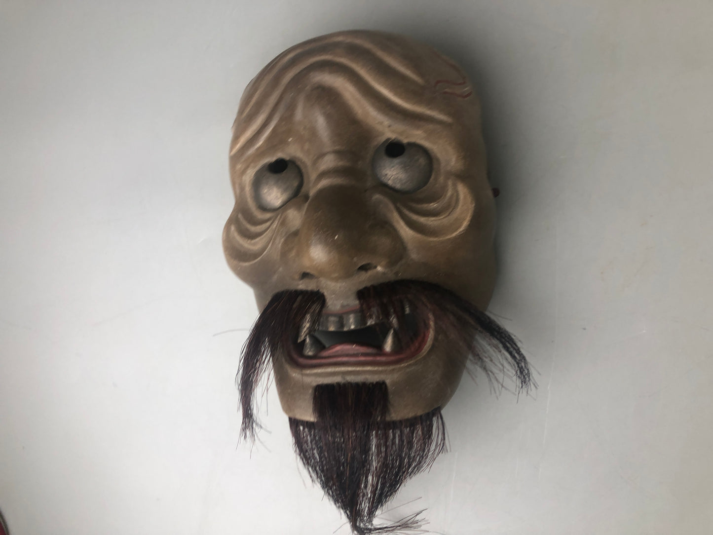 Y7415 NOH MASK wood carving signed bag Japan antique traditional dance drama men