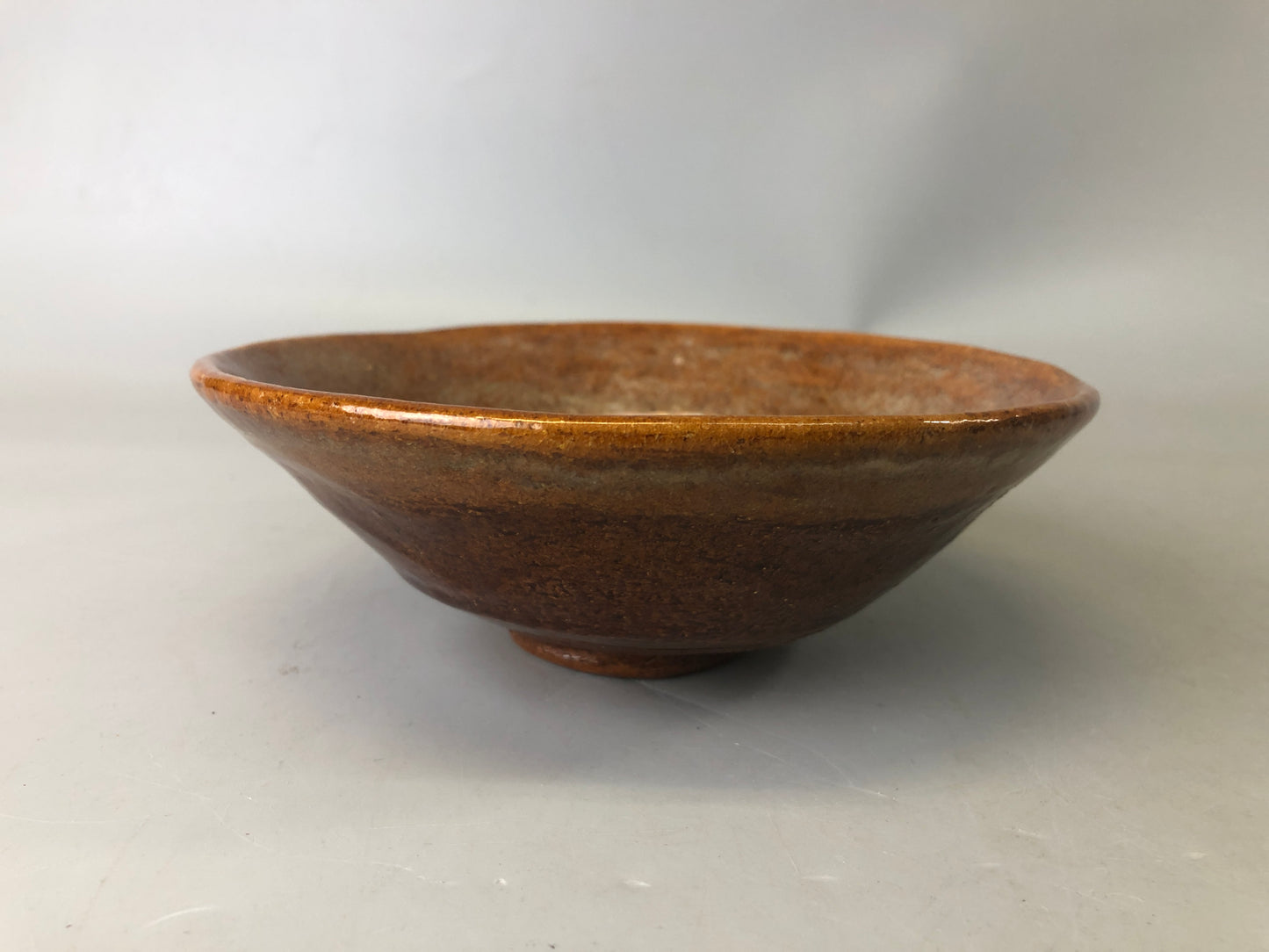 Y7432 CHAWAN Ohi-ware flat bowl signed box Japan antique tea ceremony pottery