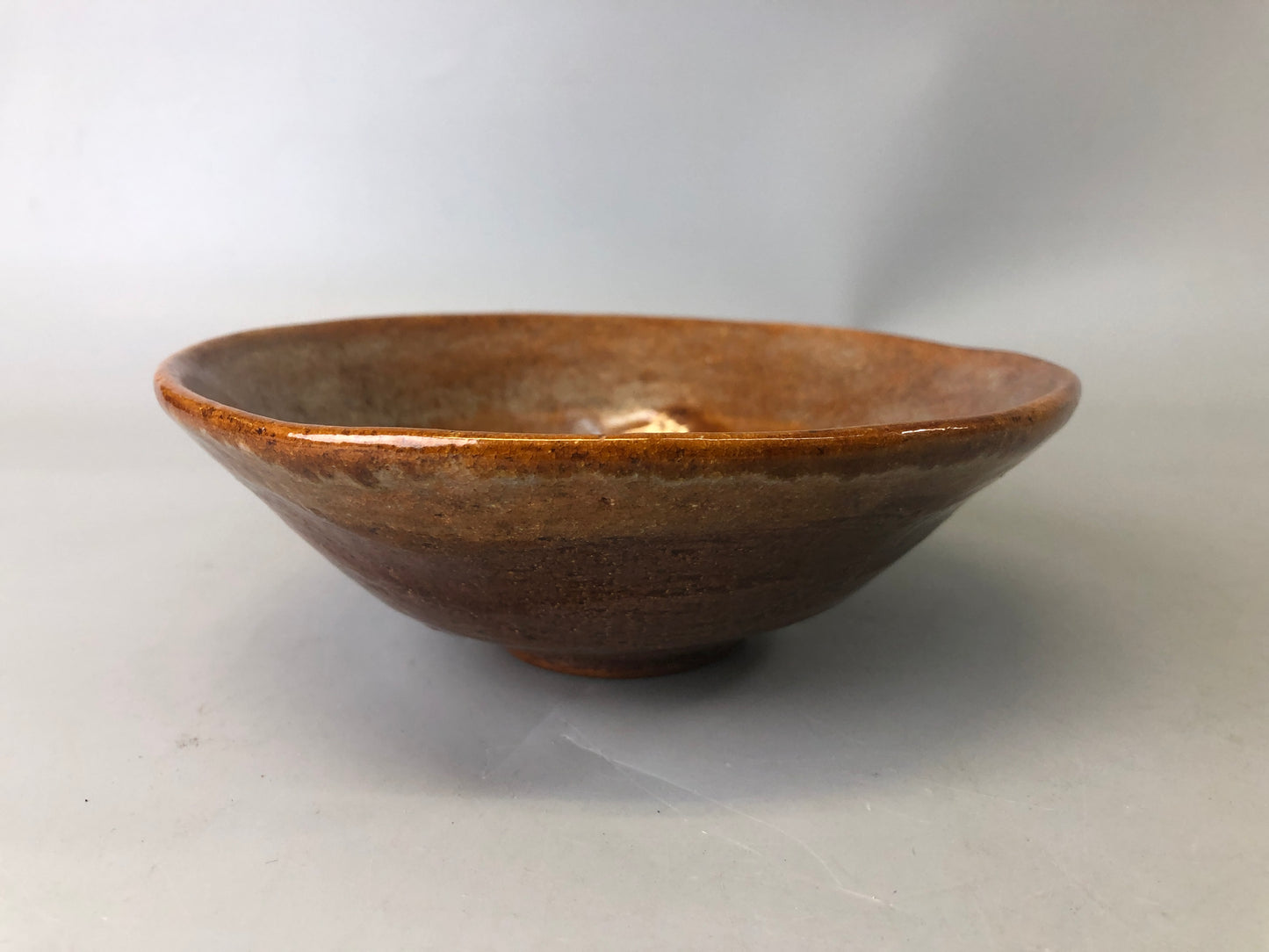 Y7432 CHAWAN Ohi-ware flat bowl signed box Japan antique tea ceremony pottery