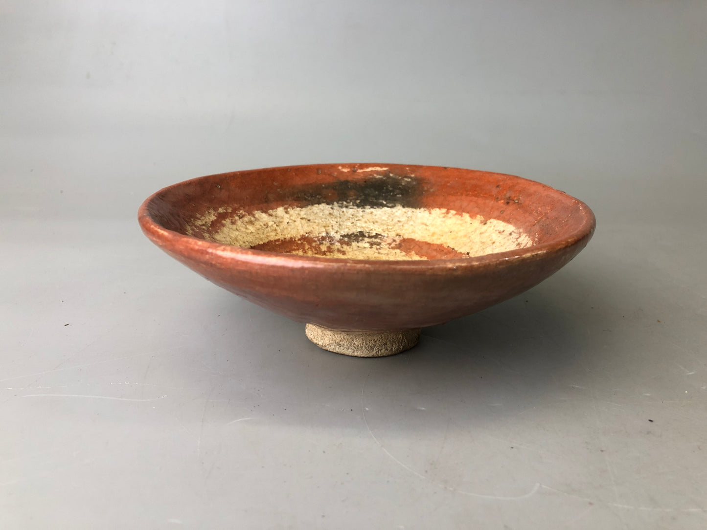 Y7480 CHAWAN Raku-ware red bowl round pattern signed Japan antique tea ceremony