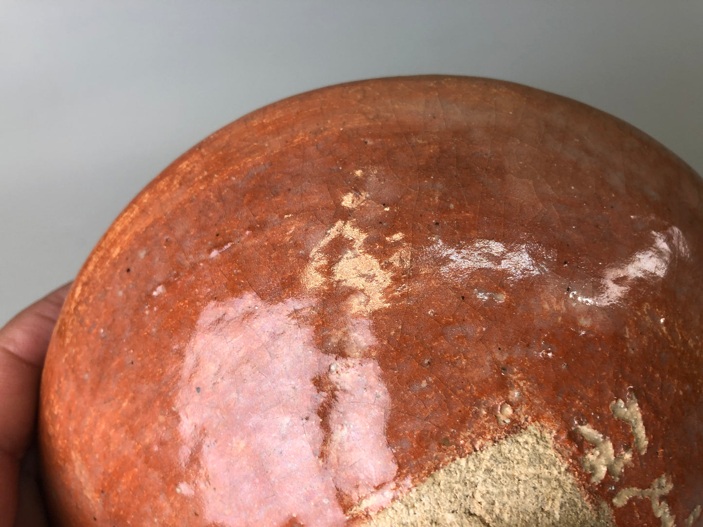 Y7480 CHAWAN Raku-ware red bowl round pattern signed Japan antique tea ceremony