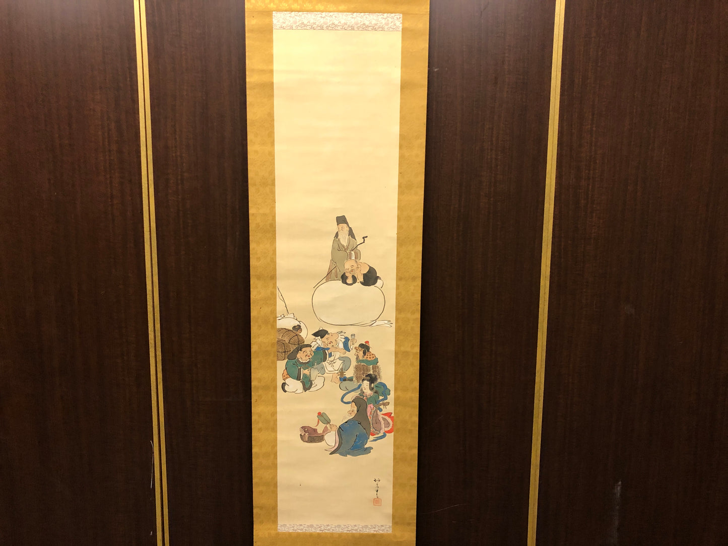 Y7518 KAKEJIKU Seven Lucky Gods signed Japan antique hanging scroll art decor