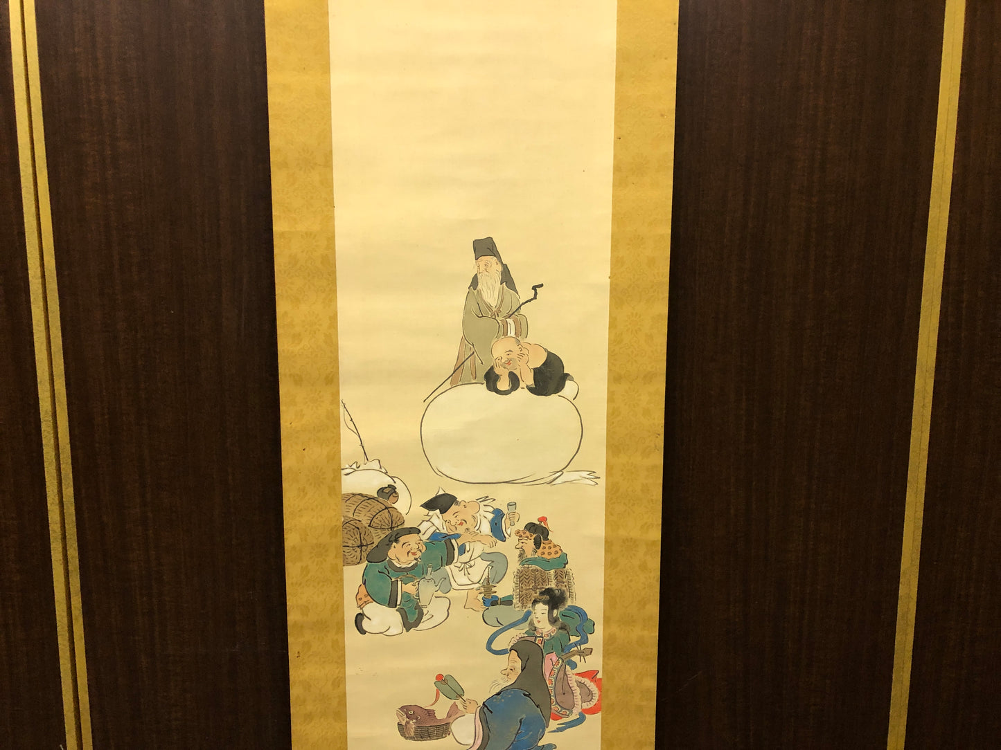 Y7518 KAKEJIKU Seven Lucky Gods signed Japan antique hanging scroll art decor