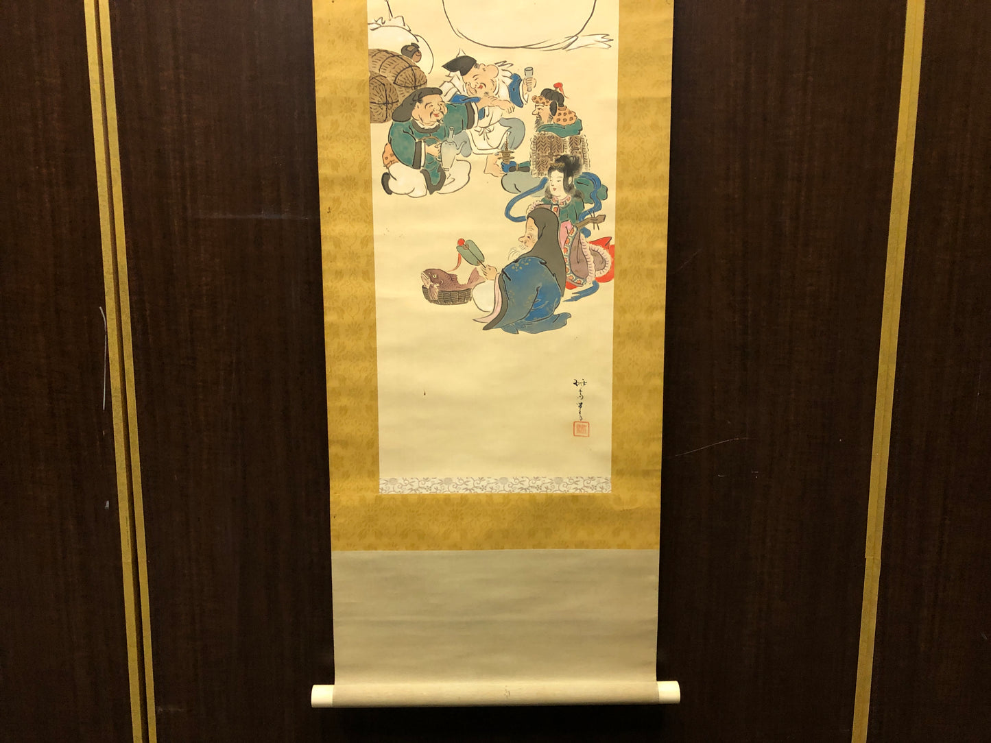 Y7518 KAKEJIKU Seven Lucky Gods signed Japan antique hanging scroll art decor