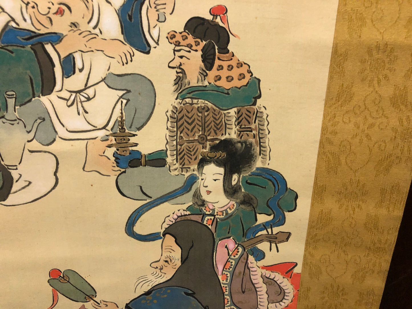 Y7518 KAKEJIKU Seven Lucky Gods signed Japan antique hanging scroll art decor