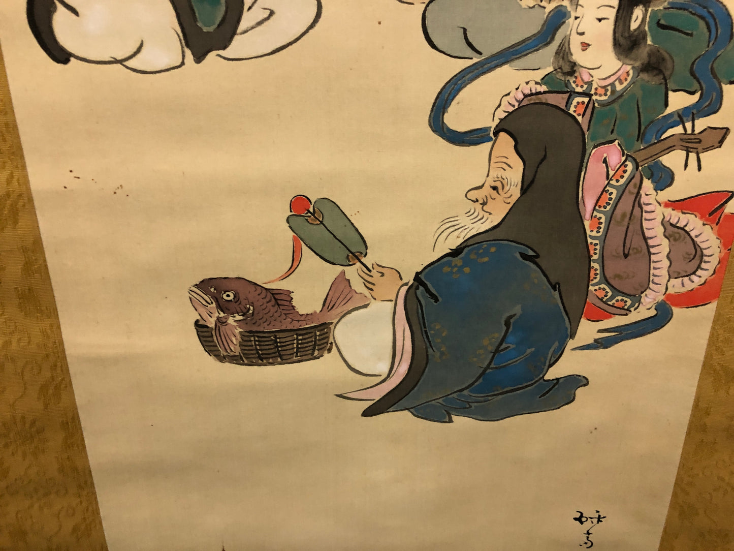 Y7518 KAKEJIKU Seven Lucky Gods signed Japan antique hanging scroll art decor