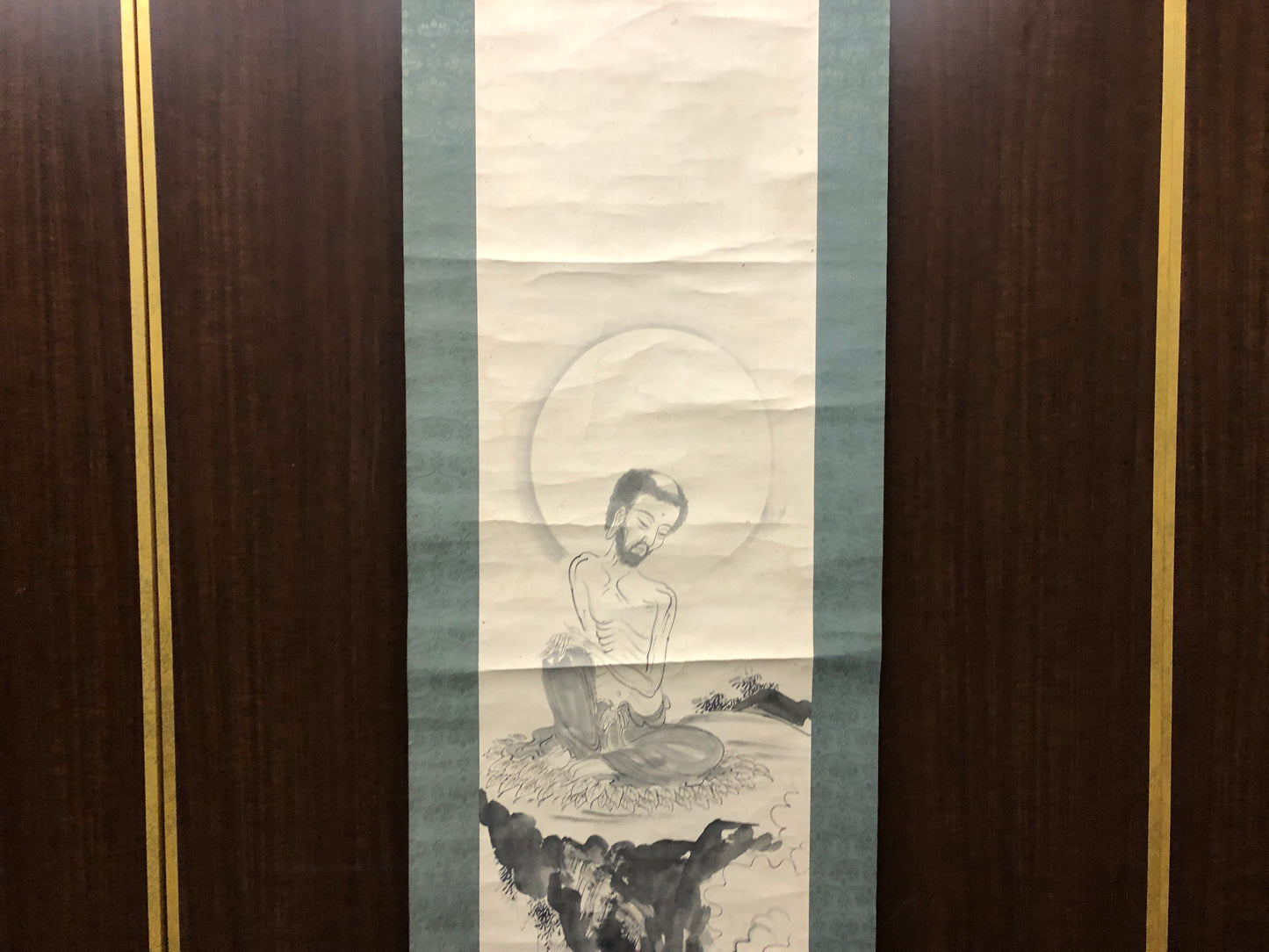 Y7519 KAKEJIKU Monk on the rock signed Japan antique hanging scroll art decor
