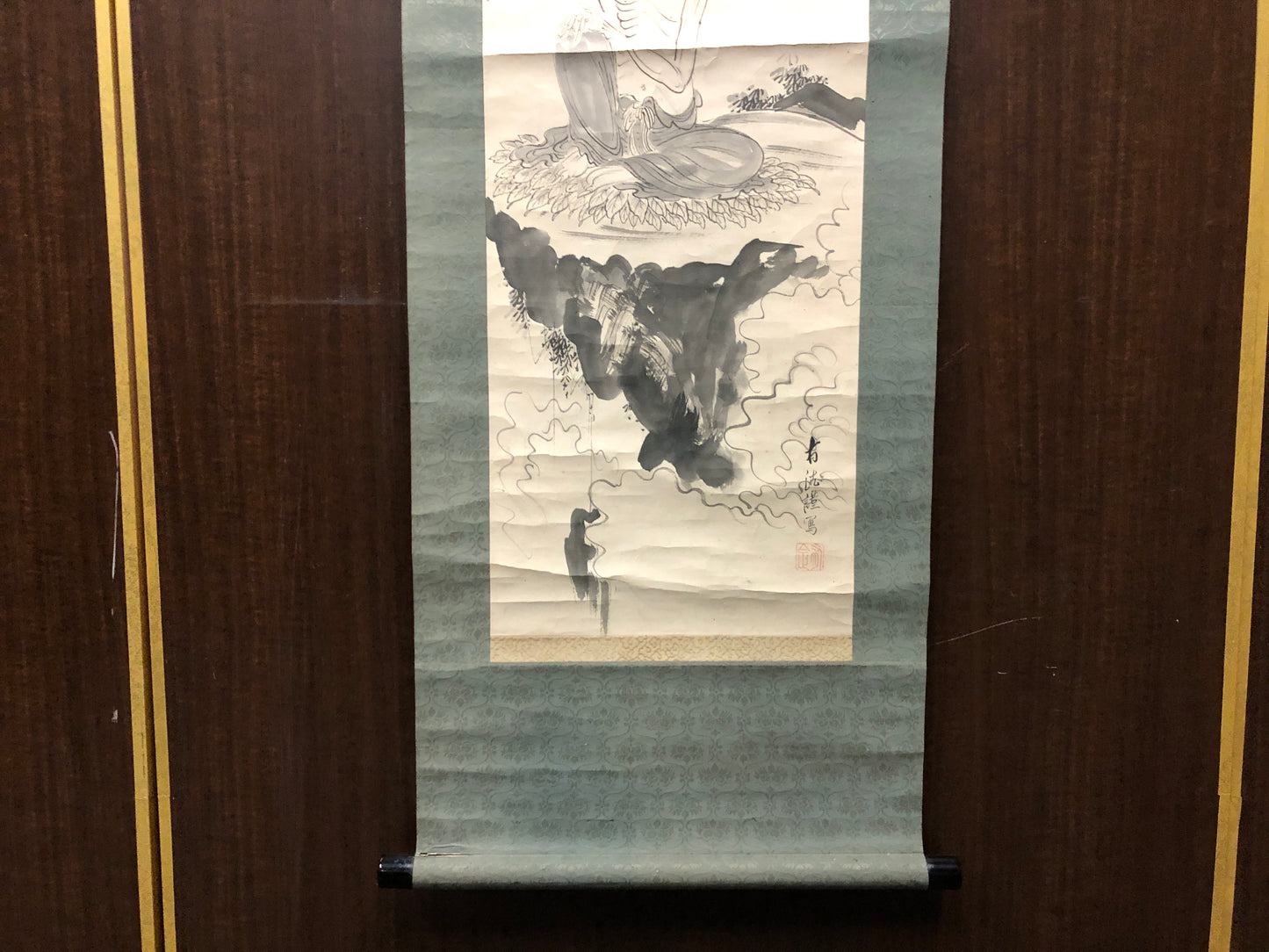 Y7519 KAKEJIKU Monk on the rock signed Japan antique hanging scroll art decor