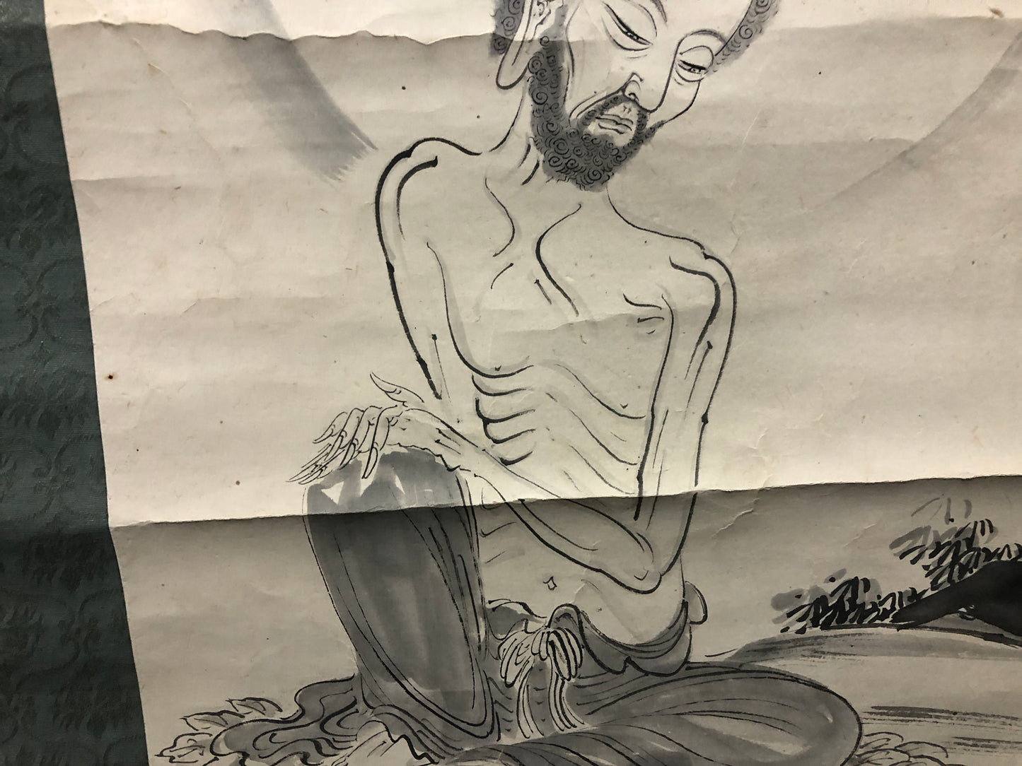 Y7519 KAKEJIKU Monk on the rock signed Japan antique hanging scroll art decor