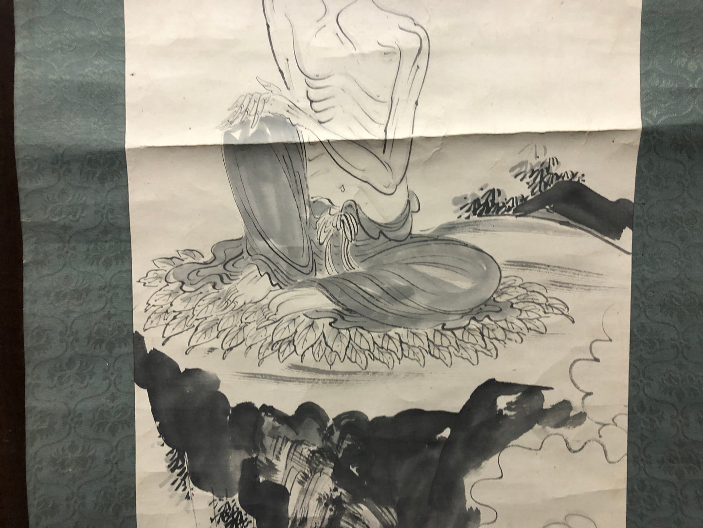 Y7519 KAKEJIKU Monk on the rock signed Japan antique hanging scroll art decor